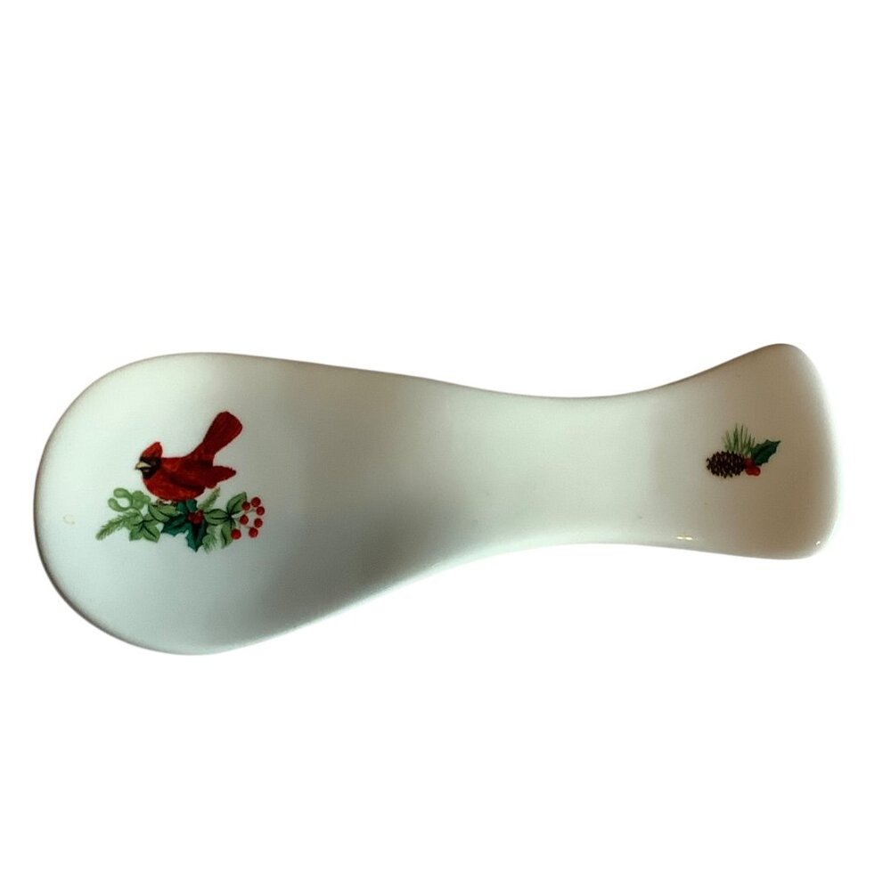 Royal Norfolk Ceramic Spoon Rest Red Cardinal & Pinecone Design‎ 8”x3”